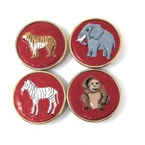 VTG 80s Safari Animal Button Covers Set of 4 Red Enamel Gold Tone Elephant Zebra